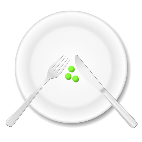 Concepto de dieta. Tres guisantes en un plato — Vector de stock