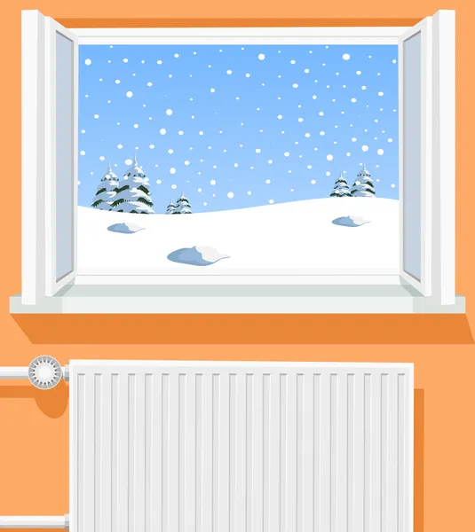Cena de inverno através da janela aberta, ilustração — Vetor de Stock