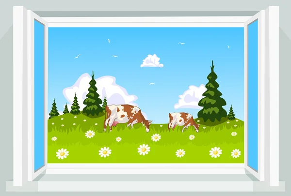 Spring scene through opened window, illustration — Stock Vector