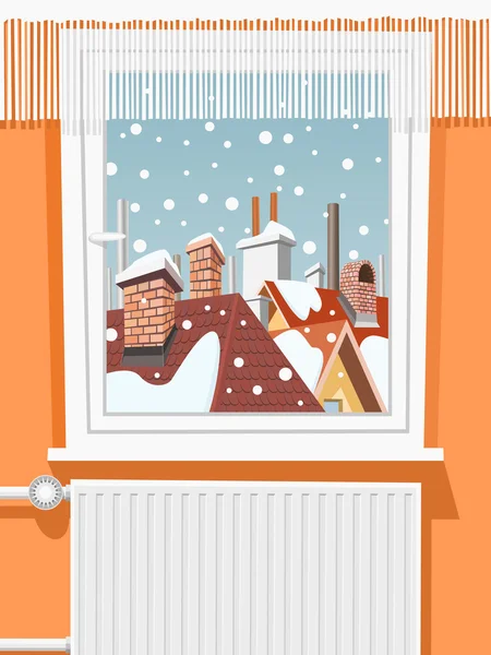 Winter scene through window, illustration — Stock Vector