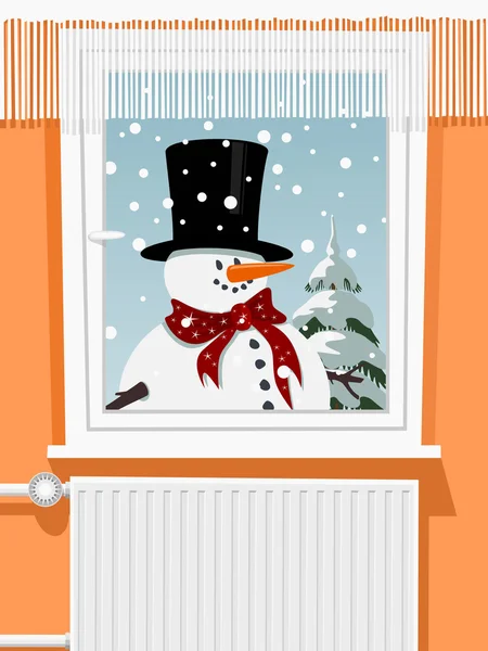 Winter scene from the snowman through window — Stock Vector