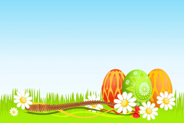 Coloridos huevos de Pascua en la hierba — Vector de stock