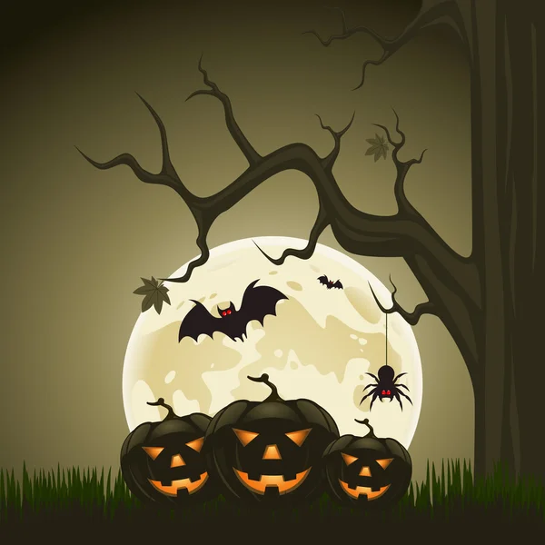 Halloween achtergrond met pompoenen en maan in de rug — Stockvector