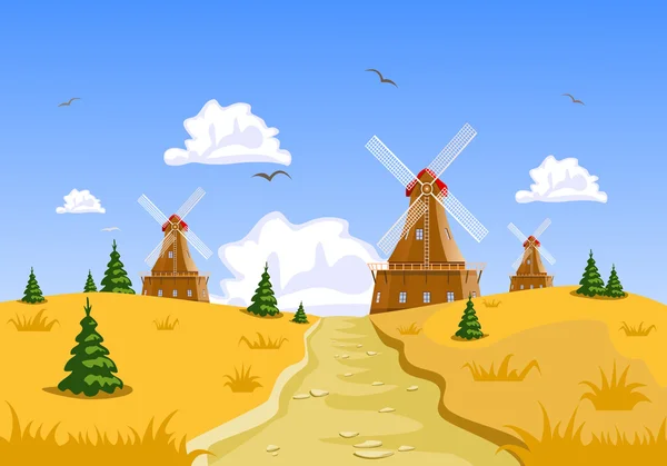 Landschaft mit Windmühlen im Hintergrund — Stockvektor