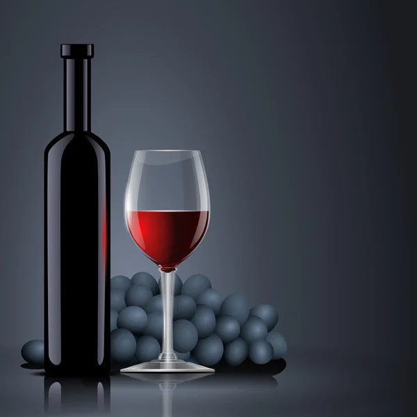 Botella con vino tinto con copa y uvas — Vector de stock