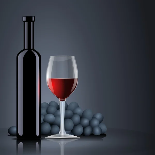 ガラスとブドウの赤ワインのボトル — ストックベクタ