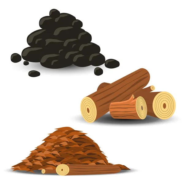 Leña, virutas de madera y carbón — Vector de stock