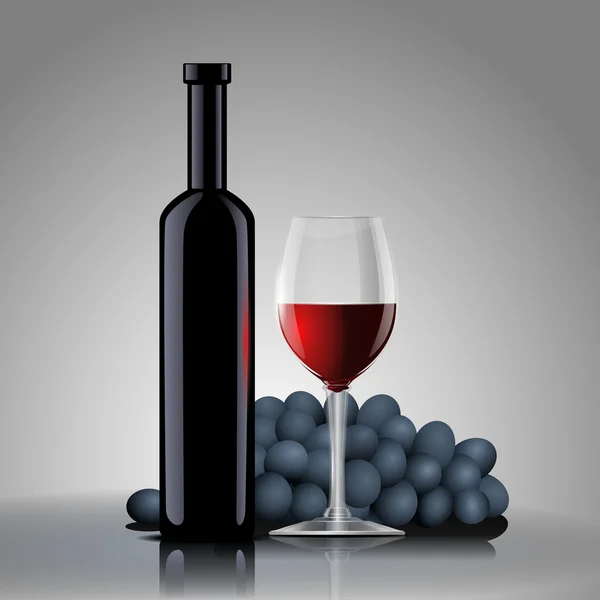 ガラスとブドウの赤ワインのボトル — ストックベクタ