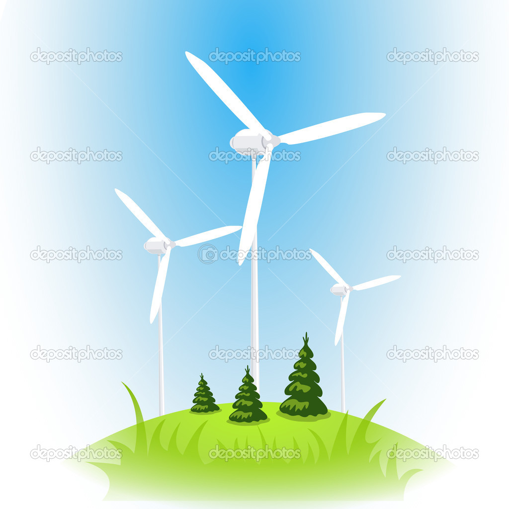 Vector wind power station. Wind turbine against the blue sky