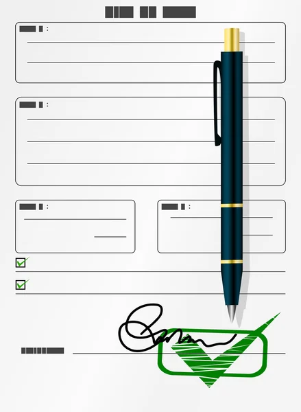 Blank form with signature and pen — Stock Vector