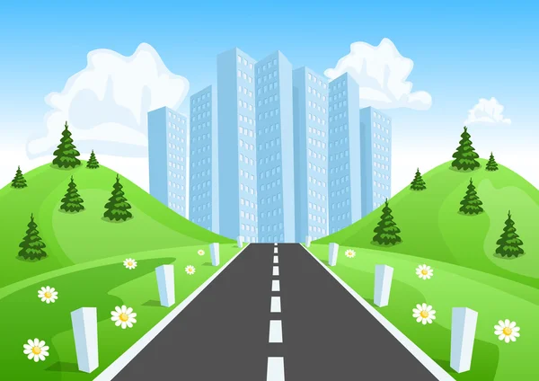 Road through the countryside into the city — Stock Vector