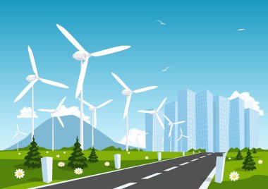 Rüzgar elektrik santrali Şehri yola. vektör