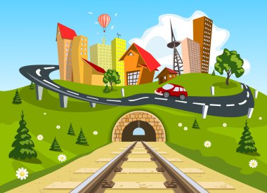 Railroad tracks through landscape to the city vector Railroad tracks through landscape to the city vector