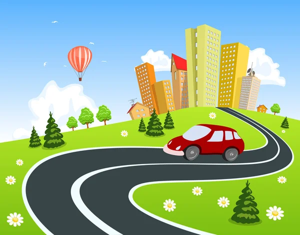 Ciudad rodeada de paisaje natural con coche — Vector de stock