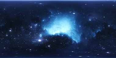 360 derece uzay nebulası, eş dikdörtgen yansıtma, çevre haritası. HDRI küresel panorama. Nebula ve yıldızlarla dolu bir arka plan. 3d illüstrasyon