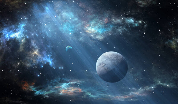 Extrasolar planets with atmosphere and moon. 3D illustration