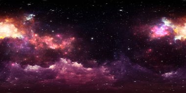360 derece yıldız sistemi ve gaz nebulası. Çevre 360 HDRI haritası. Eş dikdörtgen projeksiyon, küresel manzara. 3d illüstrasyon