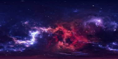 360 derece uzay nebulası, eş dikdörtgen yansıtma, çevre haritası. HDRI küresel panorama. Nebula ve yıldızlarla dolu bir arka plan. 3d illüstrasyon