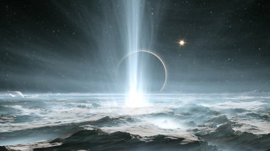 The huge geysers on Jupiter's icy moon Europa. 3d illustration