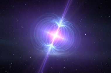 Magnetar, son derece güçlü manyetik alanı olan nötron yıldızı. 3d oluşturma