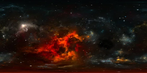 360度空间星云全景 等长方形投影 环境图 Hdri球形全景 带星云和恒星的太空背景 3D说明 — 图库照片