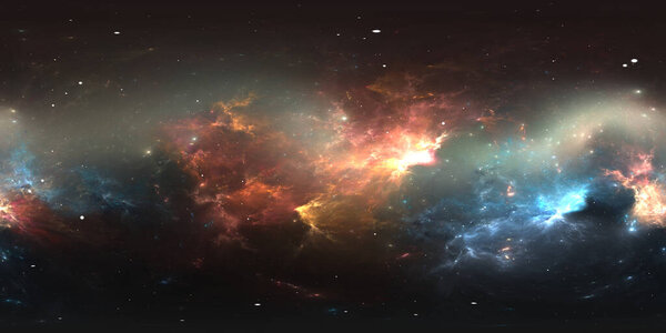 360 градусов звездной системы и туманности. Мбаппе, карта 360 HDRI. Эквипрямоугольная проекция, сферическая панорама. 3d иллюстрация