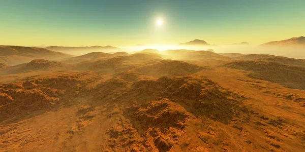 Sunset on Mars. Martian landscape. 3D rendering