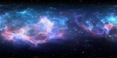 360 degree space background with nebula and stars, equirectangular projection, environment map. HDRI spherical panorama. 3d illustration