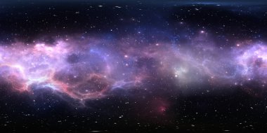 360 degree space background with nebula and stars, equirectangular projection, environment map. HDRI spherical panorama. 3d illustration