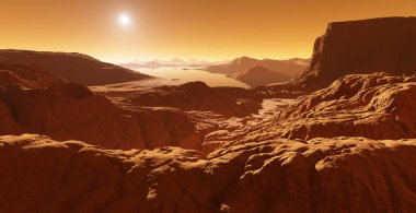 Titan, Satürn 'ün hidrokarbon göllü en büyük uydusu. 3d illüstrasyon