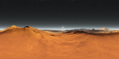 360 derece Mars manzarası, Mars günbatımı, çevre HDRI haritası. Eş dikdörtgen küresel projeksiyon. 3d oluşturma