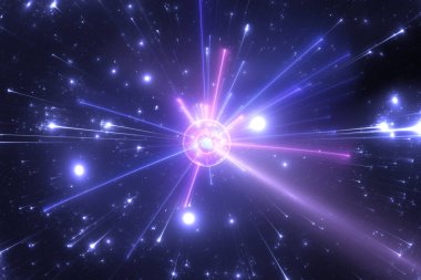 Fragmentation in high-energy collisions between atomic and subatomic particles. 3d illustration