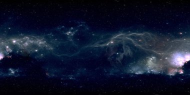 360 degree space background with glowing huge nebula with young stars, equirectangular projection, environment map. HDRI spherical panorama. 3d illustration