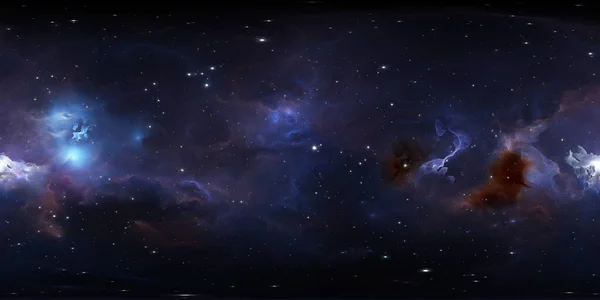 360 degree space background with glowing huge nebula with young stars, equirectangular projection, environment map. HDRI spherical panorama. 3d illustration