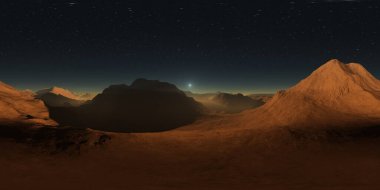 360 degree panorama of Mars sunset, environment HDRI map. Equirectangular projection, spherical panorama. Martian landscape. 3d rendering