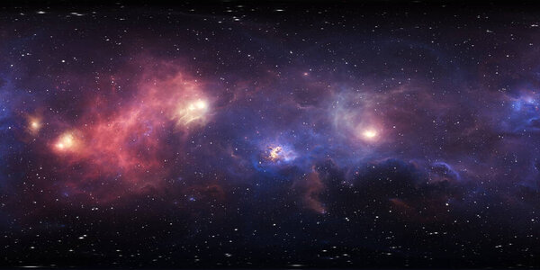 360 degree stellar system and gas nebula. Panorama, environment 360 HDRI map. Equirectangular projection, spherical panorama. Virtual reality background. 3d illustration