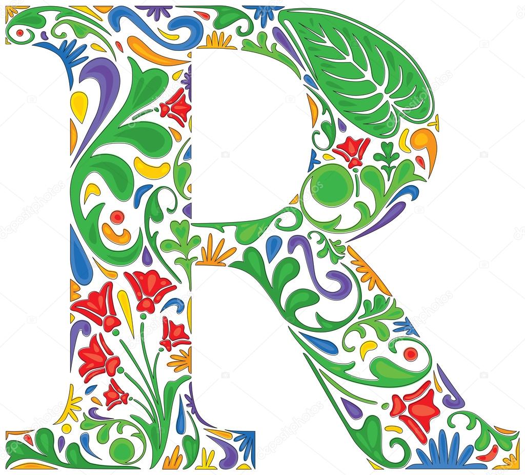 Colorful floral initial capital letter R