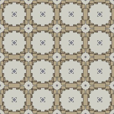 Bej, kahverengi, mavi ve siyah olarak soyut elementlerden yapılmış kusursuz çizilmiş desen