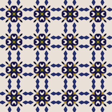 Bej, sarı, yeşil ve mavi tonlarında soyut elementlerden yapılmış kusursuz desenli.