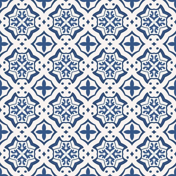 ベージュの抽象的な要素と青の色合いで作られたシームレスなイラストのパターン — ストックベクタ