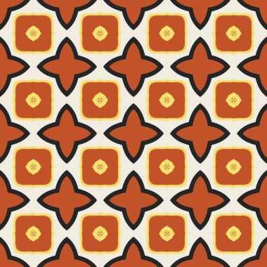 Bej, sarı, turuncu, kırmızı ve siyah gibi soyut elementlerden oluşan kusursuz desenli.