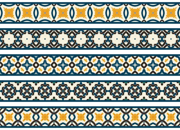 ベージュ ブルー イエロー ブラックの5つの抽象的な要素で構成された装飾的な境界線のセット — ストックベクタ