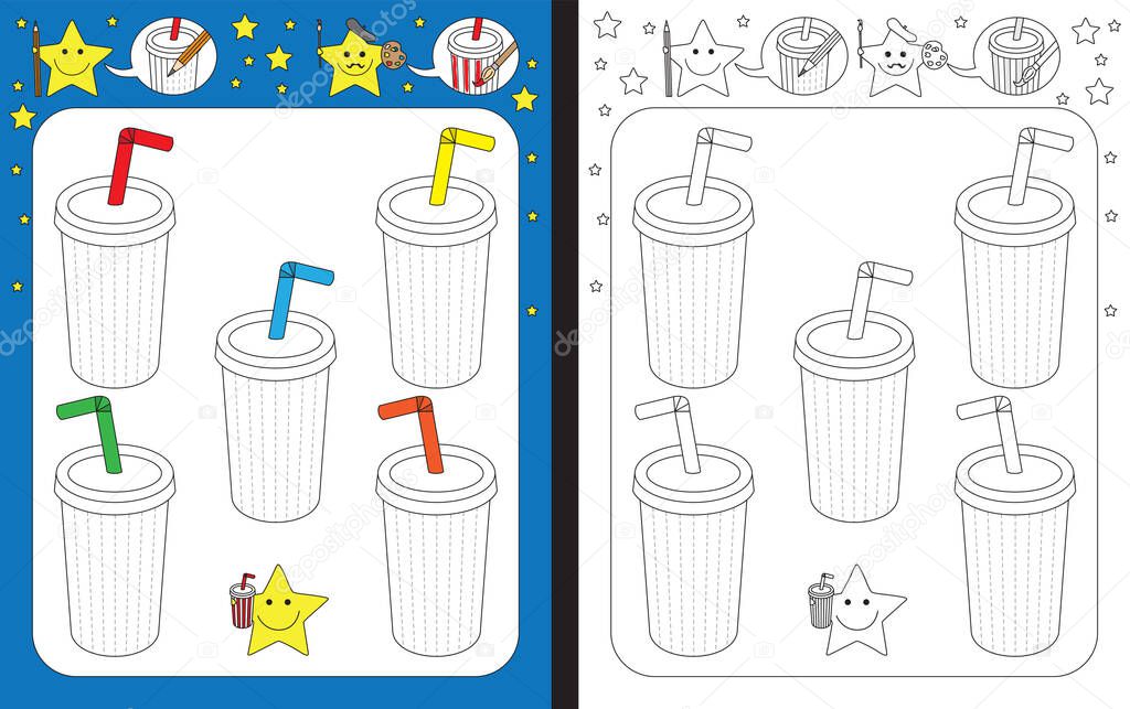 Preschool worksheet for practicing fine motor skills - tracing dashed lines of soft drink cups