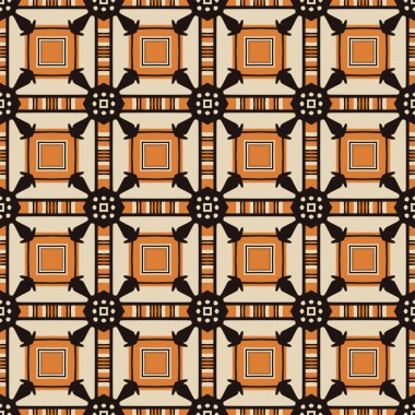 Bej, turuncu ve siyah renklerde soyut elementlerden yapılmış kusursuz desenli.