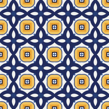 Beyaz, sarı ve mavi tonlarında soyut elementlerden yapılmış kusursuz desenli.