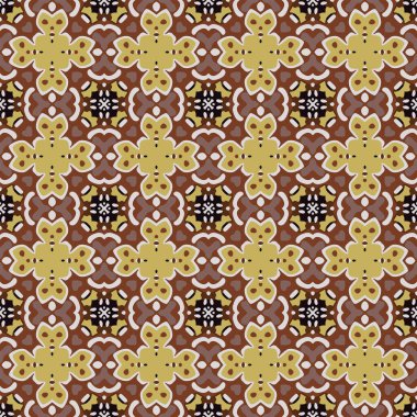 Bej, sarı ve kahverengi tonlarında soyut elementlerden yapılmış kusursuz desenli.