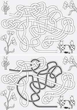 Uğur böceği boyası siyah beyaz çözümü olan çocuklar için labirent.