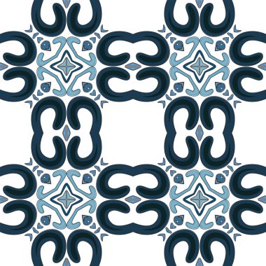 Beyaz ve mavi tonlarında soyut elementlerden oluşan kusursuz resimli desen