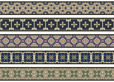 Bej, yeşil, mavi, pembe ve siyah olmak üzere soyut elementlerden oluşan beş resimli dekoratif kenarlık kümesi