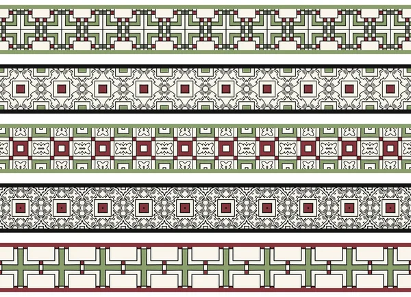 Conjunto Cinco Bordes Decorativos Ilustrados Hechos Elementos Abstractos Blanco Verde — Vector de stock